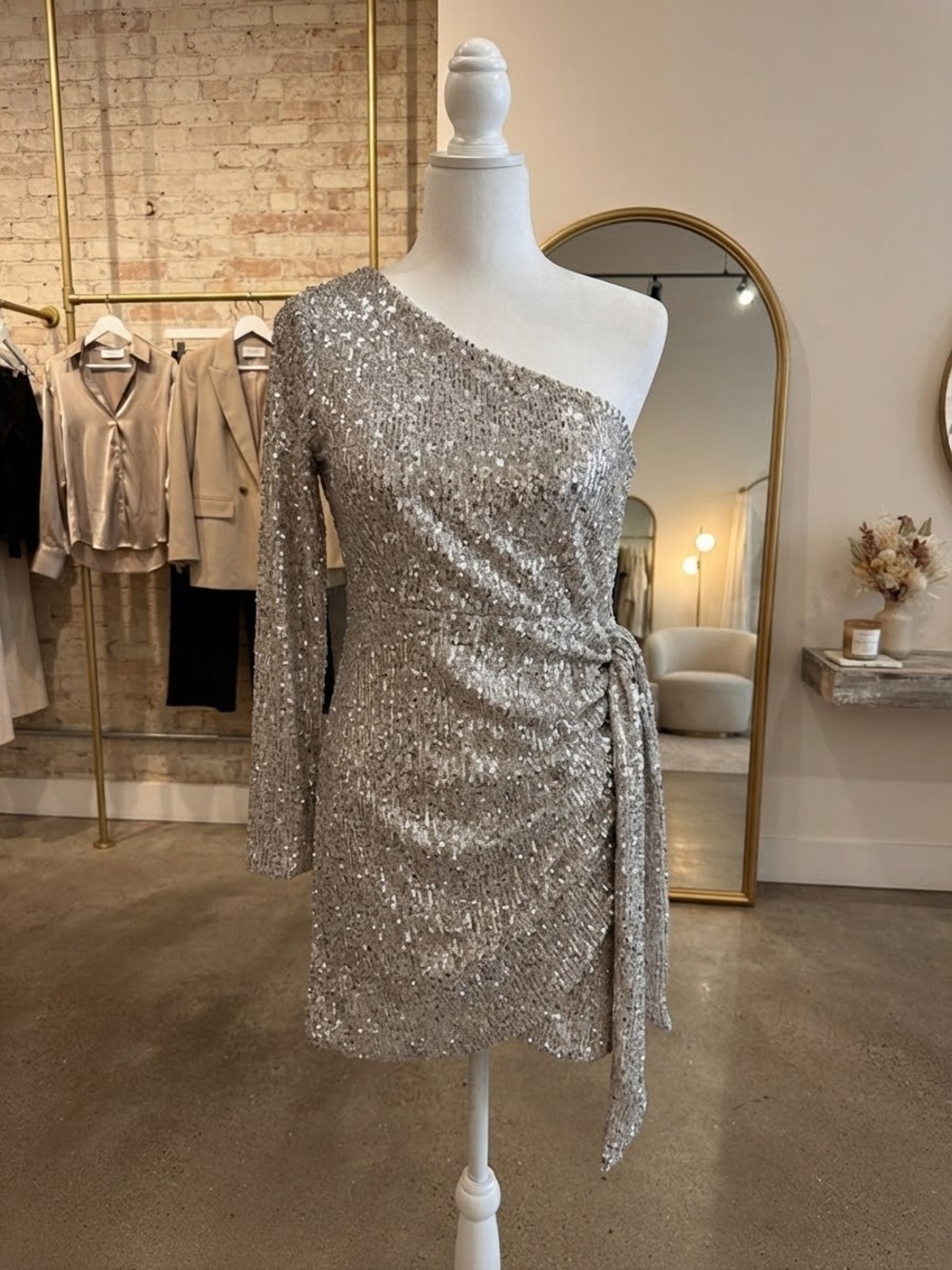 Gianni Bini One-Shoulder Silver Sequin Mini Dress